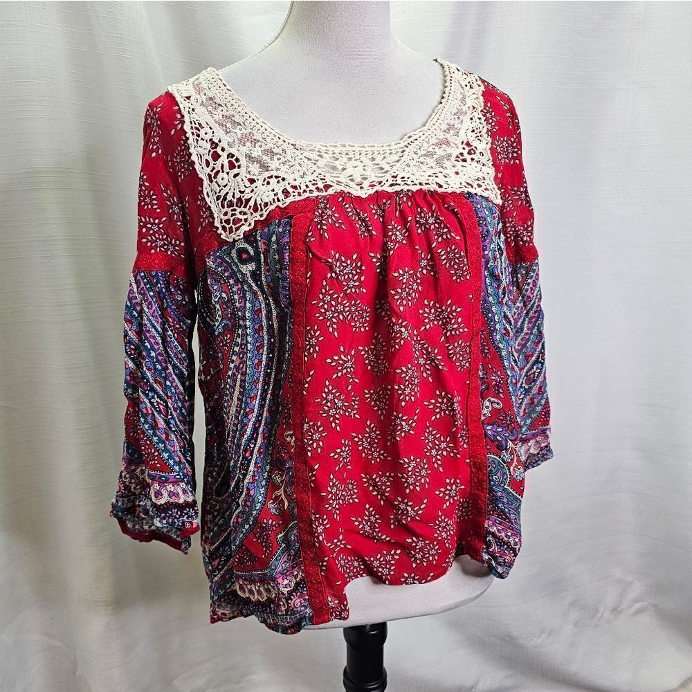 Bila Red Paisley Crochet Boho Peasant Top Size Large - Picture 2 of 8